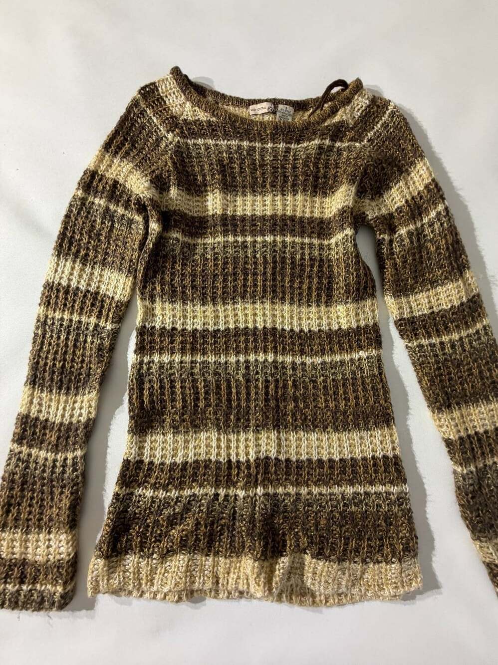 Body Central S Brown Cream Striped Knit Sweater Chunky Metallic Y2K